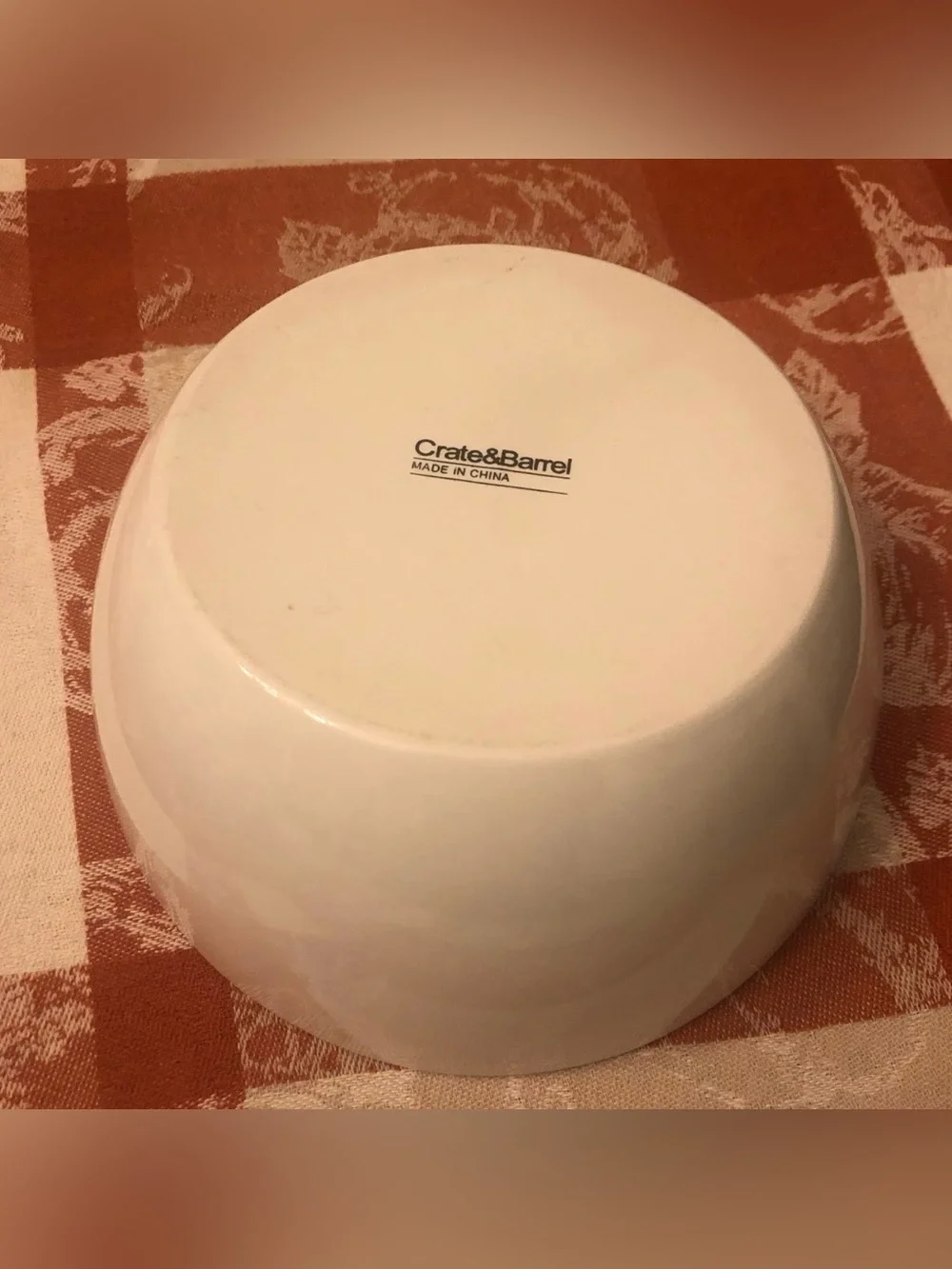 Crate & Barrel Asymmetrical 8.5”D White Serving Bowl 2.75”H Front & 4.25” Back
